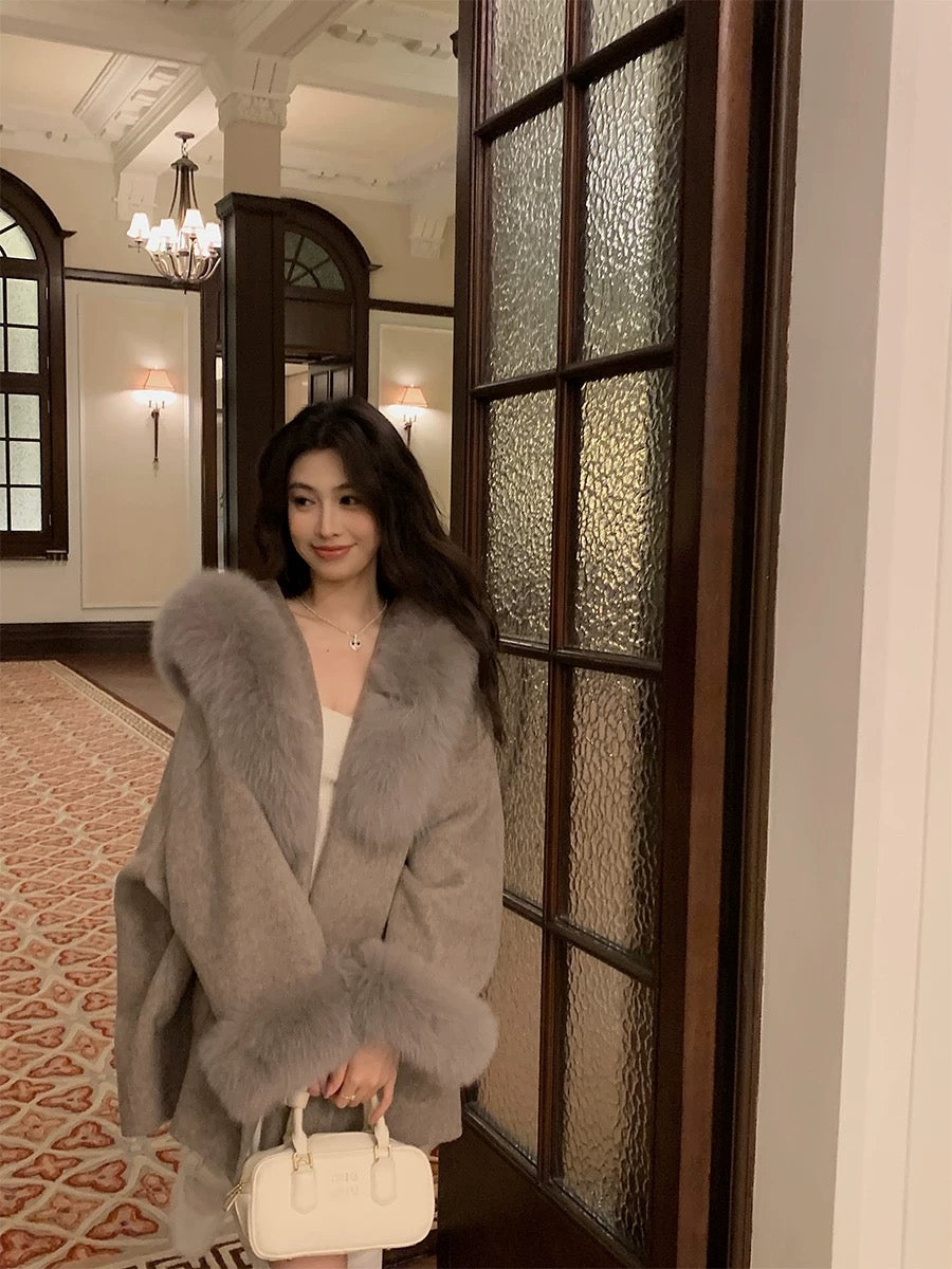 Kelly Designs Fox Fur Wool Khaki Coat (Instock)