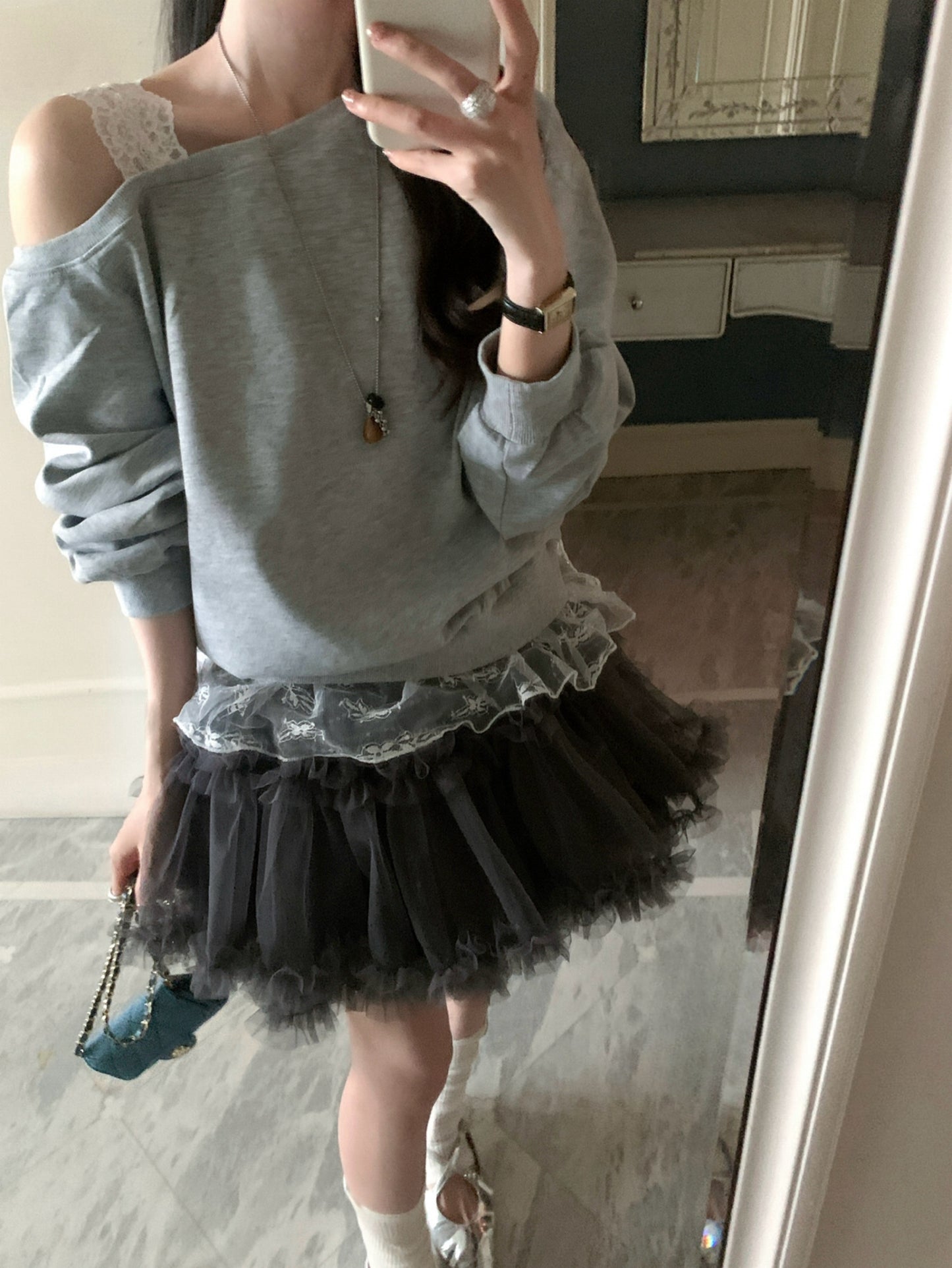 Kelly Designs Off-Shoulder Faux Layered Sweatshirt & Grey Skirt (Instock)