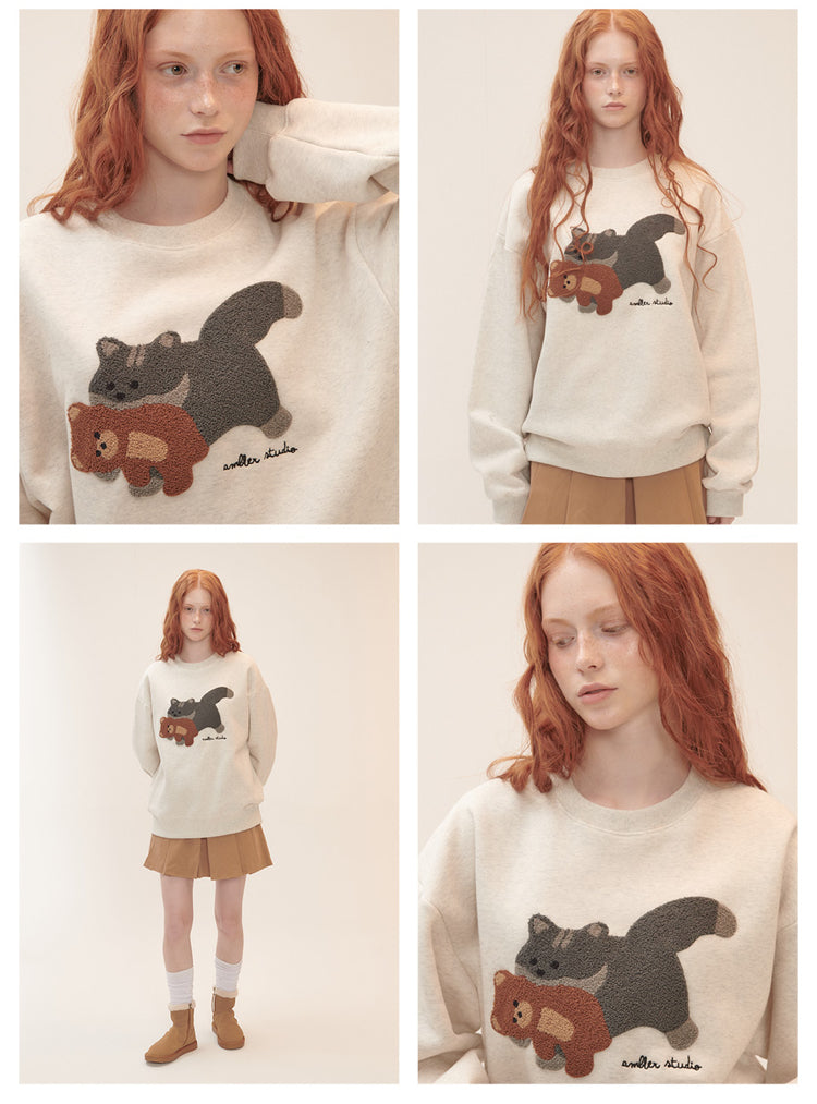 Ambler Overfit Cat biting Teddy bear Oatmeal Sweater (Preorder)