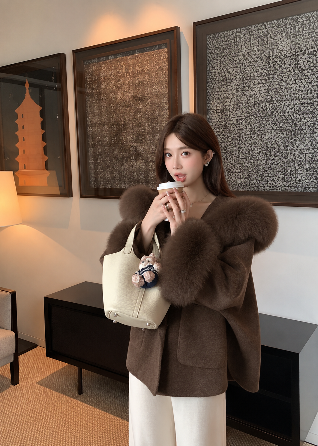 Kelly Designs Double-Faced Wool Coat with Fox Fur Collar & Cuffs- Brown (Instock)