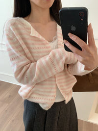 Kelly Designs Pink & Cream Striped Pointelle Cardigan – 100% Wool (Instock)