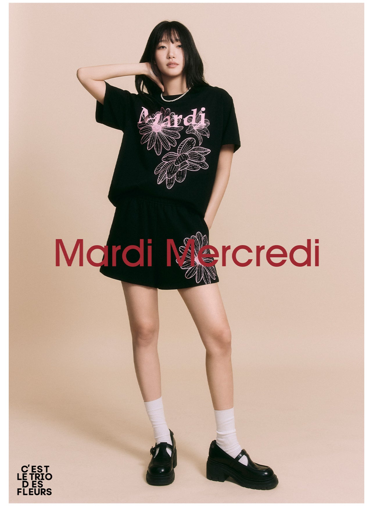 Mardi Mercredi TSHIRT TRIPLE FLOWER_Black Pink(Preorder)