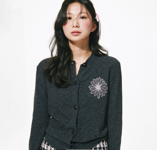 Mardi Mercredi CASHMERE BLENDED CARDIGAN ROUND_CHARCOAL PINK(Preorder)