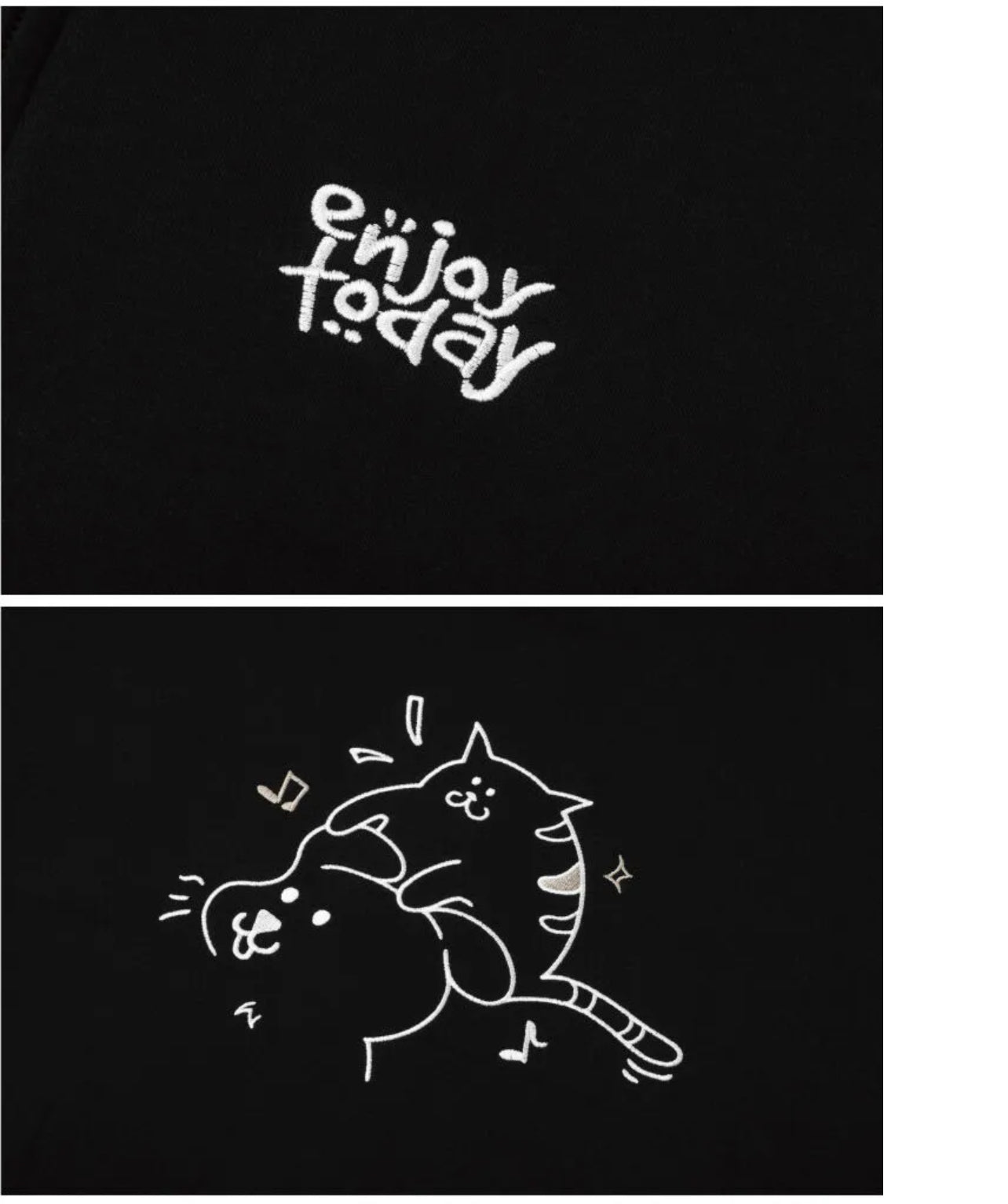 Korean Collection Enjoy Cat Zip Up Oversize Black Hoodie (Preorder）