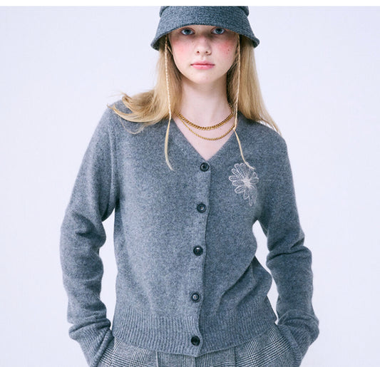 Mardi Mercredi RACCOON BLENDED CARDIGAN V NECK_GREY IVORY(Preorder)