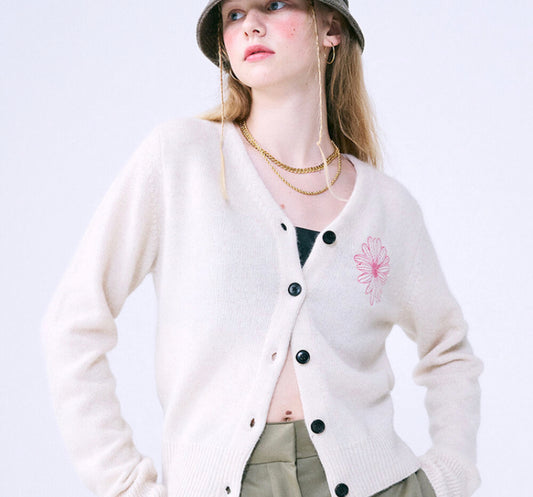 Mardi Mercredi RACCOON BLENDED CARDIGAN V NECK_IVORY PINK(Preorder)