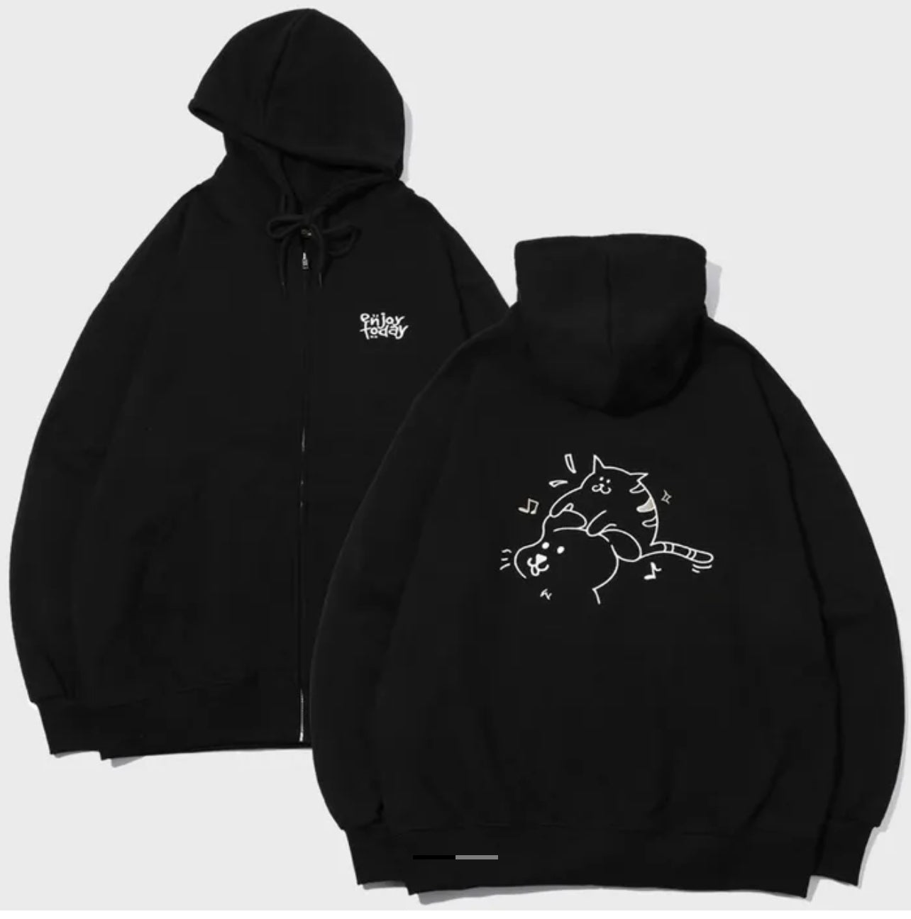 Korean Collection Enjoy Cat Zip Up Oversize Black Hoodie (Preorder）