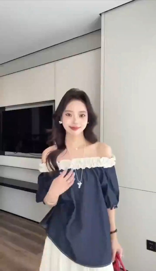 Kelly Designs Off-the-shoulder navy blouse (Instock)
