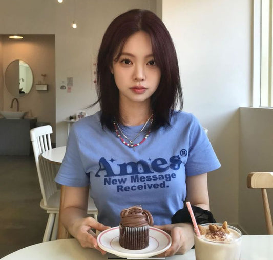 Korean Brand AMES Round Hem Crop Tee Blue (Preorder)