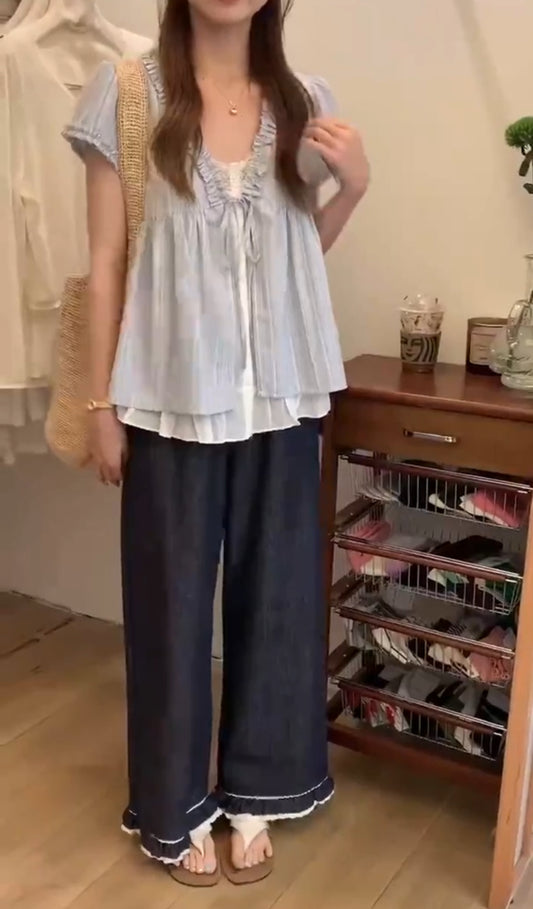 Kelly Designs Linen Lace Wide-Leg Navy Pants (Instock)