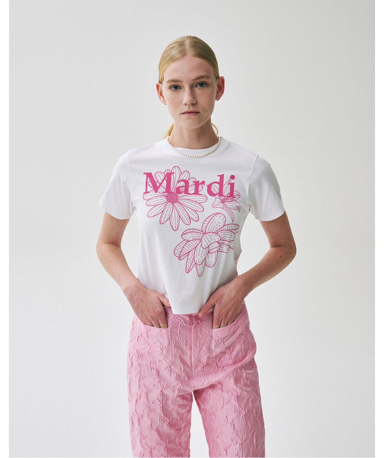 Mardi Mercredi SLIM TSHIRT TRIPLE FLOWER_White Pink(Preorder)
