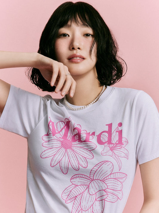 Mardi Mercredi SLIM TSHIRT TRIPLE FLOWER_White Pink(Preorder)