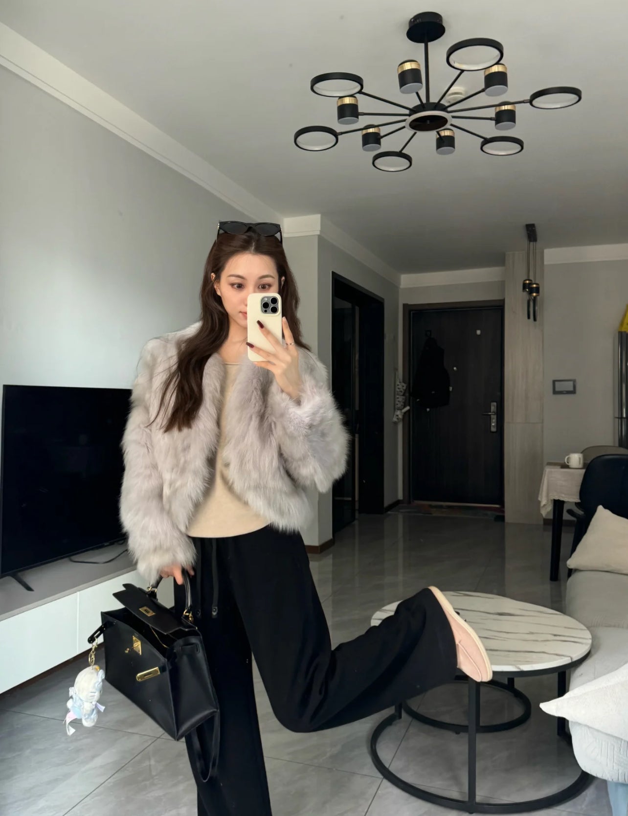 Kelly Designs Fox Fur Grey Purple V Neck Jacket (Instock)