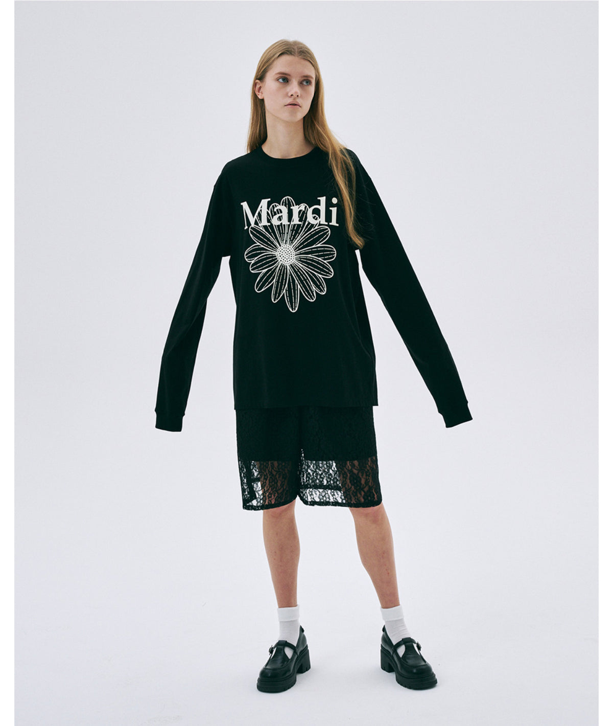 Mardi Mercredi UNISEX TSHIRT LONG SLEEVE FLOWERMARDI_BLACK IVORY(Preorder）