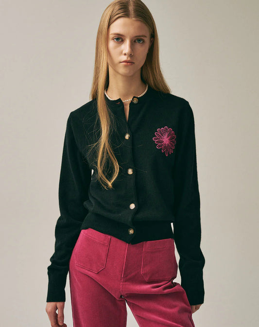 Mardi Mercredi RACCOON BLENDED CARDIGAN ROUND NECK_BLACK FUCHSIA (Instock)