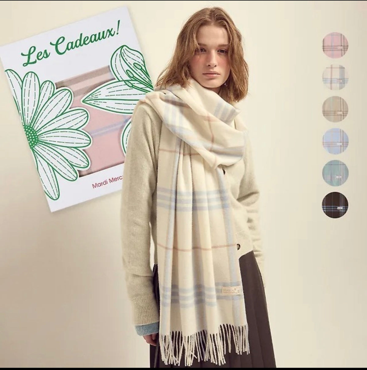 Mardi Mercredi Wool Check Muffler Scarf – Ivory/Contain Mardi Gift Box (Instock)