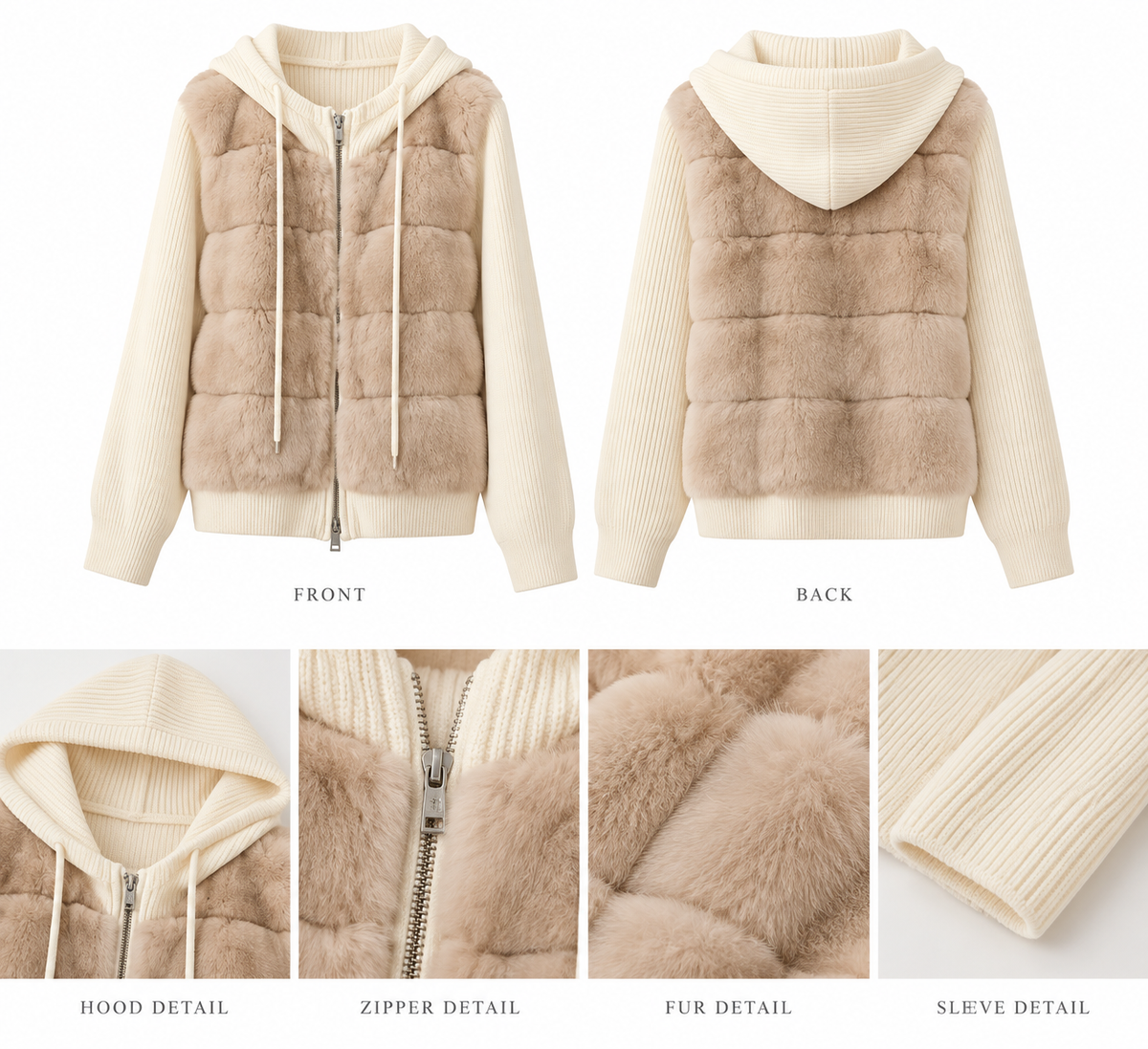Kelly Designs Cream Mocha Rabbit Fur Knit Hoodie Jacket (Instock)