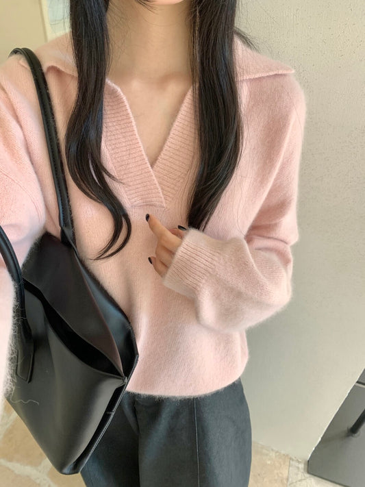 Kelly Designs Pink Wool Raccoon V Neck Classic Sweater (Instock)