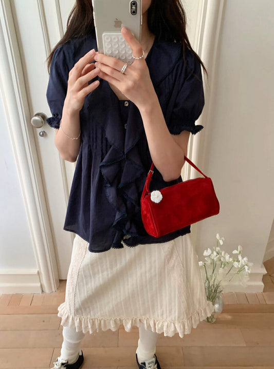 Kelly Designs Chiffon Navy blouse with wavy lace trim (Instock)