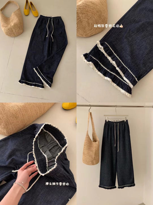 Kelly Designs Linen Lace Wide-Leg Navy Pants (Instock)