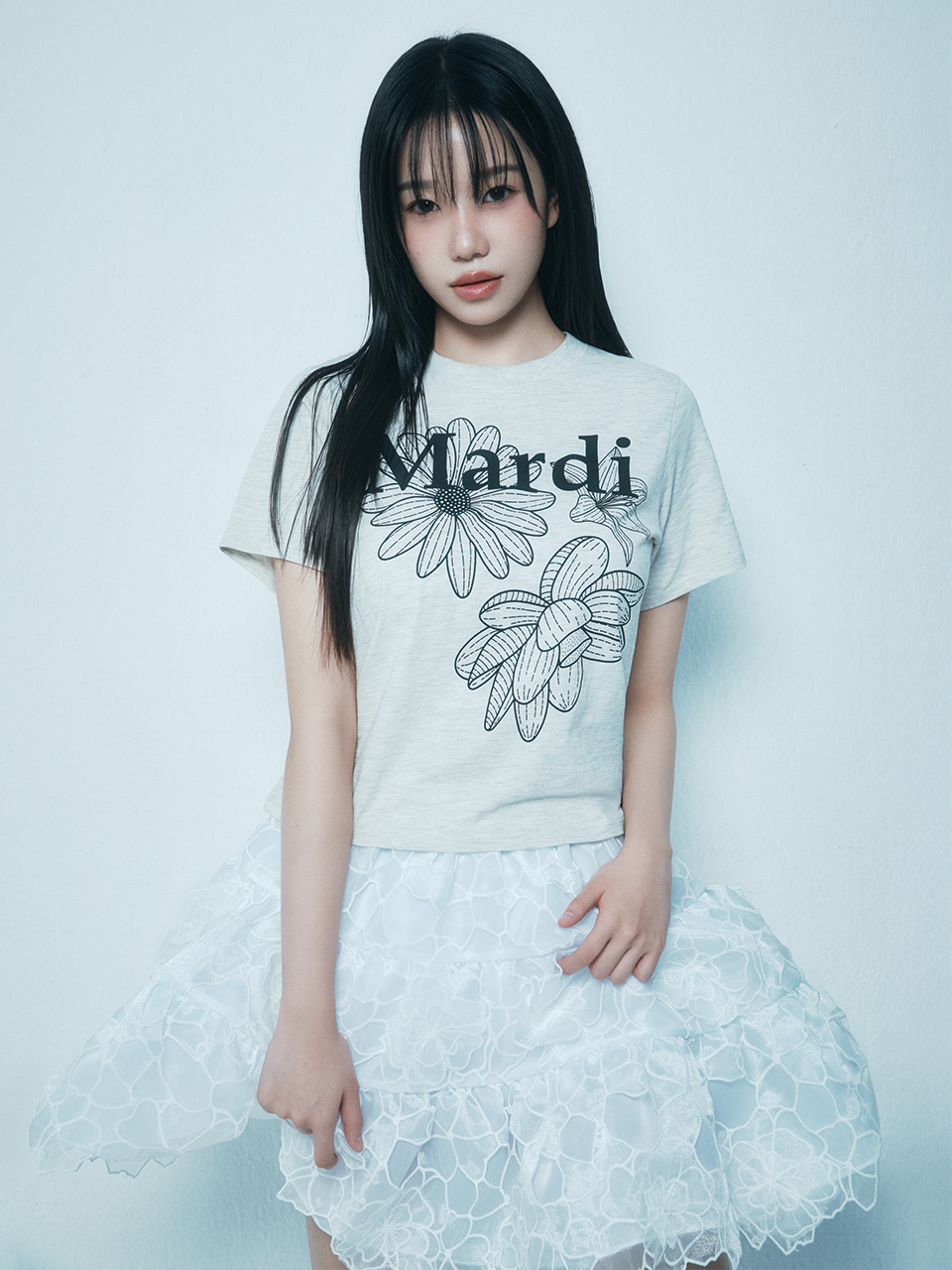 Mardi Mercredi SLIM TSHIRT TRIPLE FLOWER_OATMEAL BLACK (Instock)