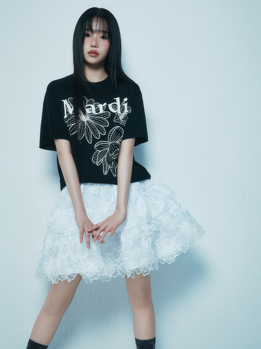 Mardi Mercredi TSHIRT TRIPLE FLOWER_ BLACK IVORY (Preorder)