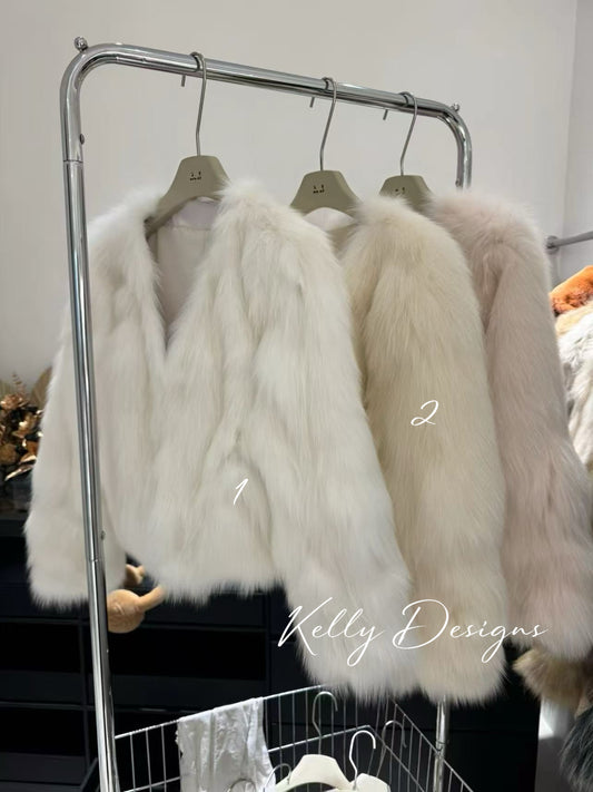 Kelly Designs 2 Colors Fox Fur Jacket with V Neck-Short Version (Instock)