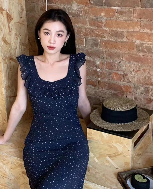 Kelly Designs Classic Navy Blue Dot Print Slim Dress(Instock)