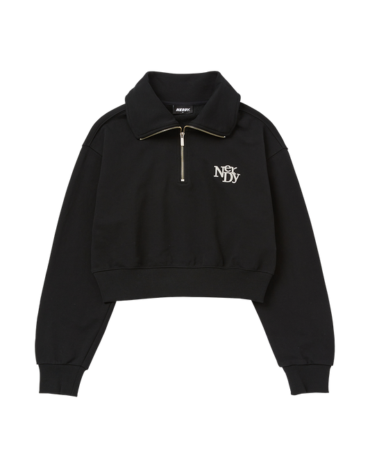 Korean Collection Nerdy Women's Crop Half Zip-up Sweatshirt Black (Instock)
