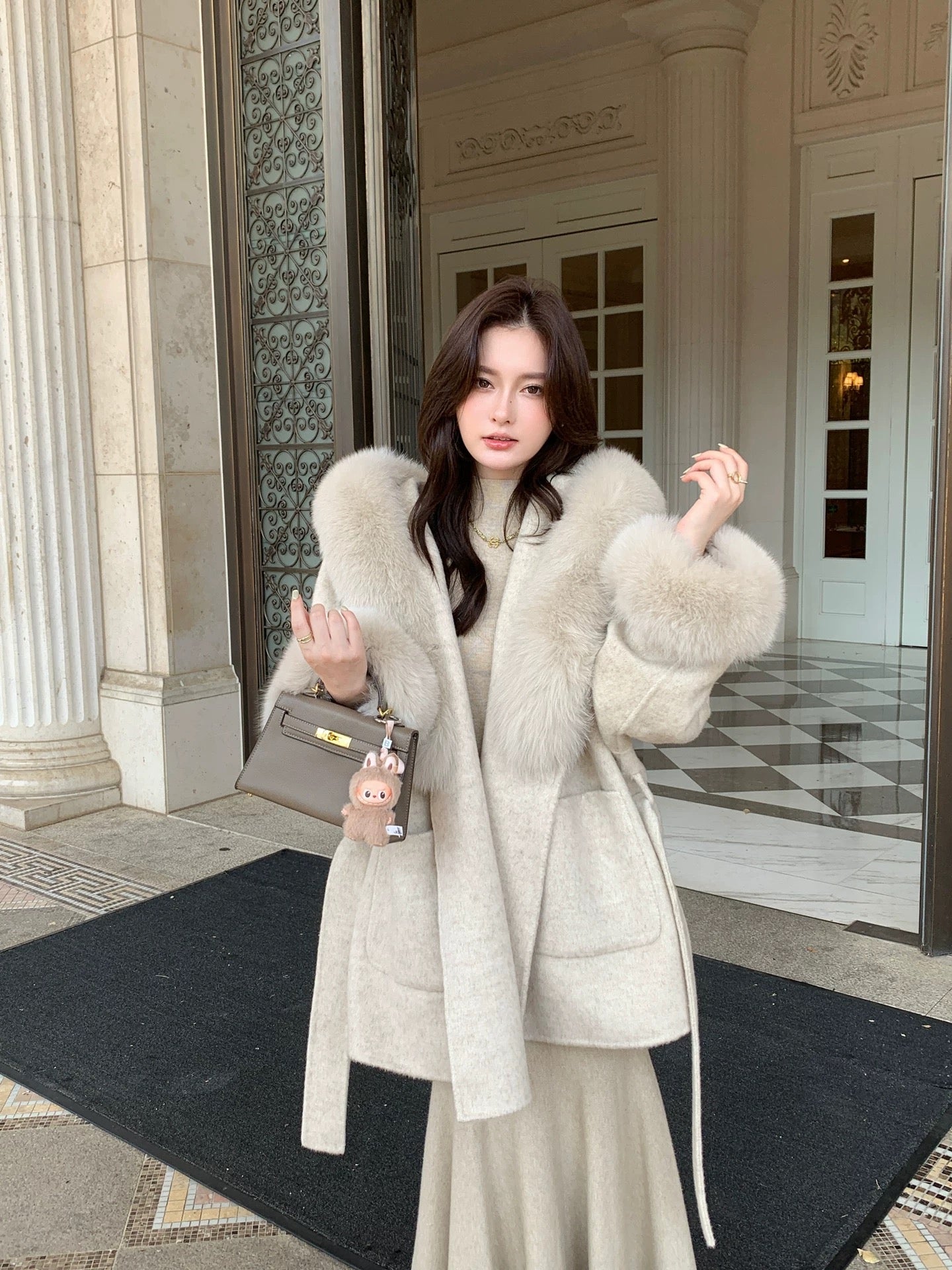 Kelly Designs Fox Fur Wool Oatmeal Coat (Instock)