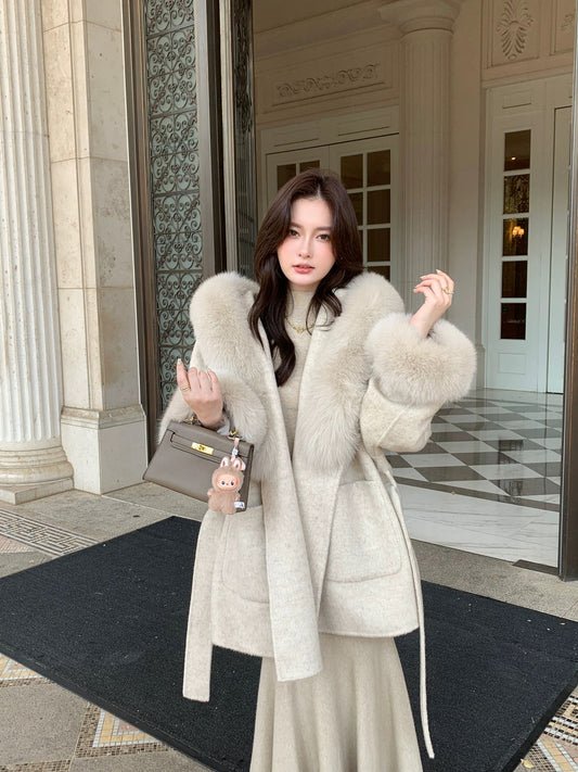 Kelly Designs Fox Fur Wool Oatmeal Coat (Instock)