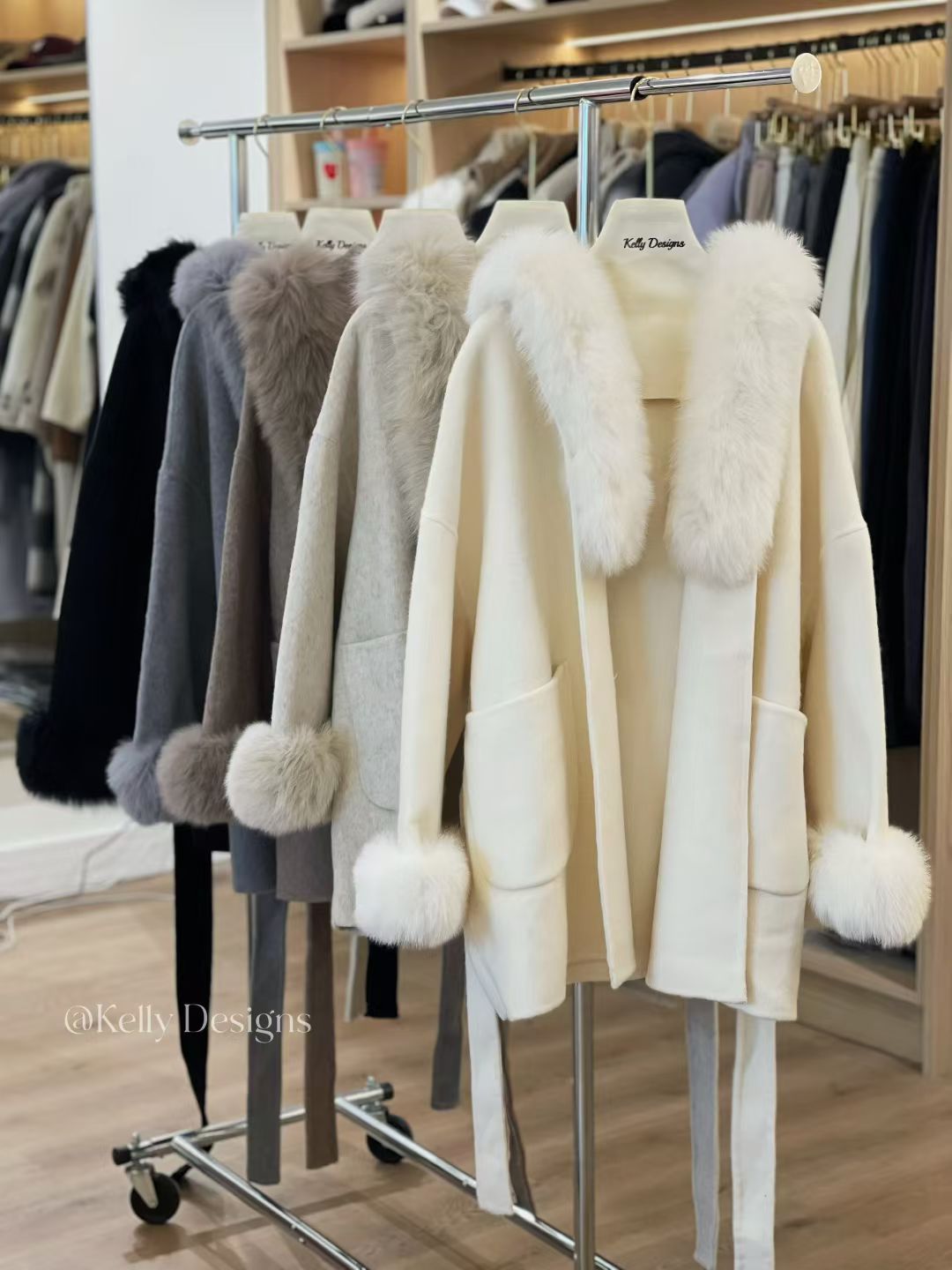 Kelly Designs Fox Fur Wool Oatmeal Coat (Instock)