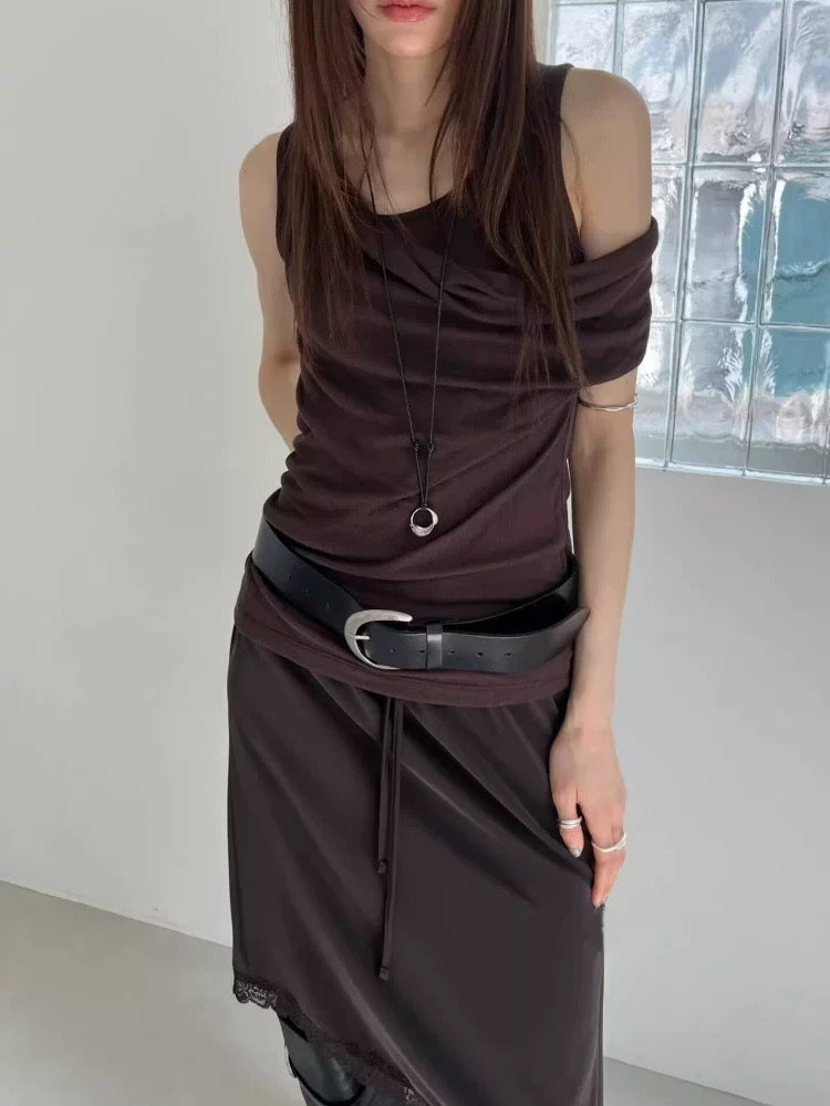 Korean APM Collection Fake 2Pcs Brown Tank Top (Instock)