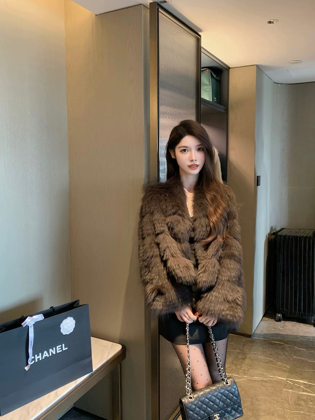 Kelly Designs Brown Fox Fur Coat with Panel Stitch Design(Instock)