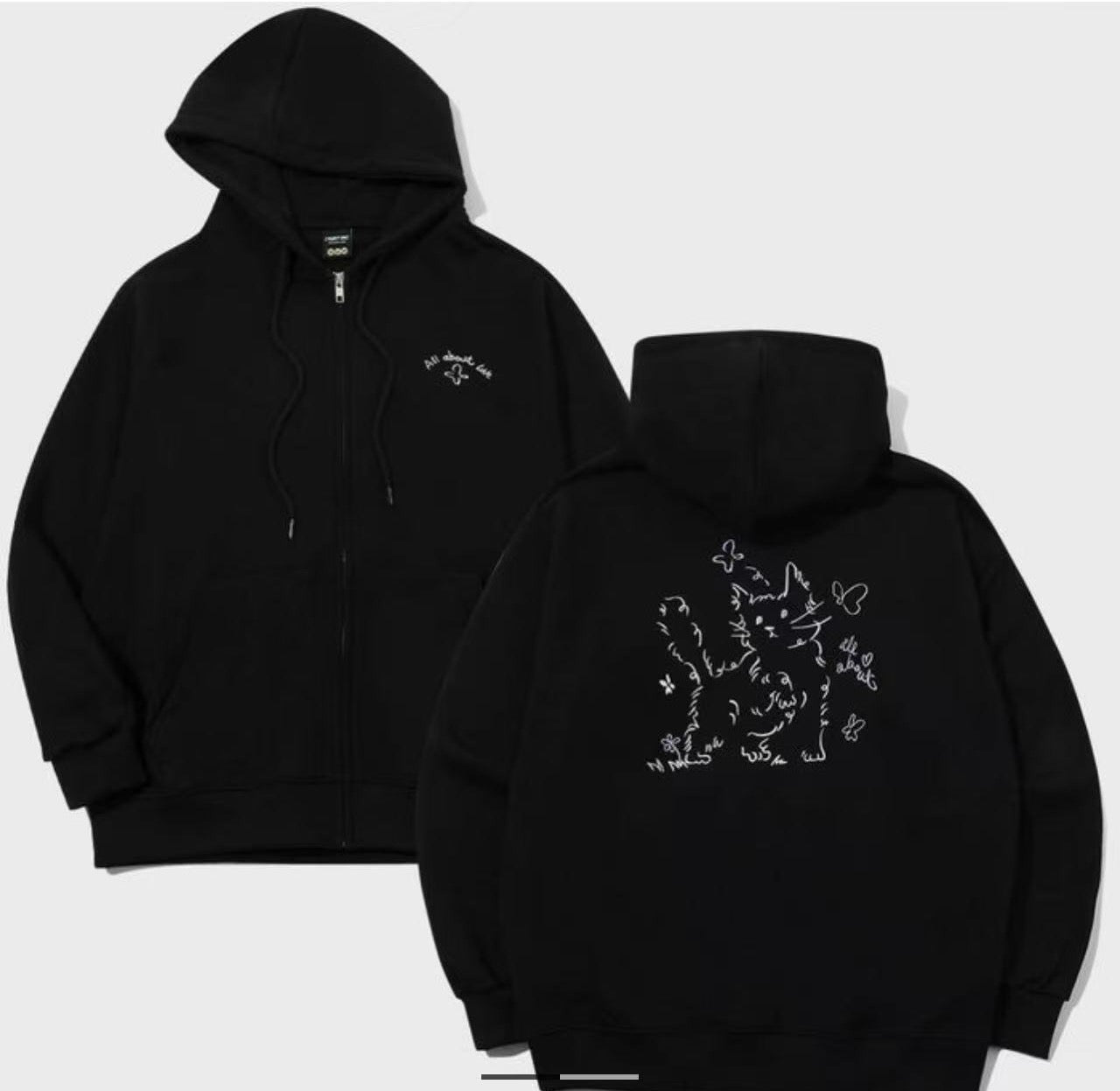 Korean Collection About Love Cat Zip Up Oversize Black Hoodie (Preorder）