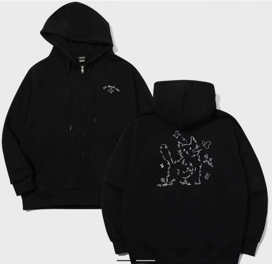 Korean Collection About Love Cat Zip Up Oversize Black Hoodie (Preorder）