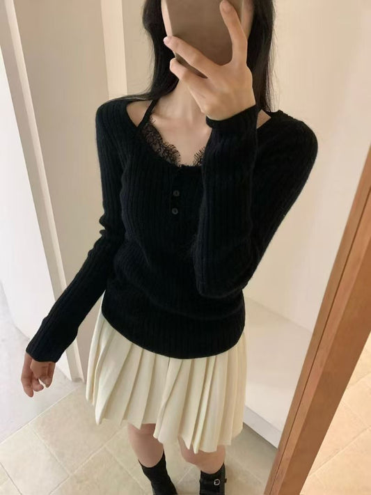 Kelly Designs 100% Wool Lace-Trim Cut-Out Knit Pullover – Black (Instock)