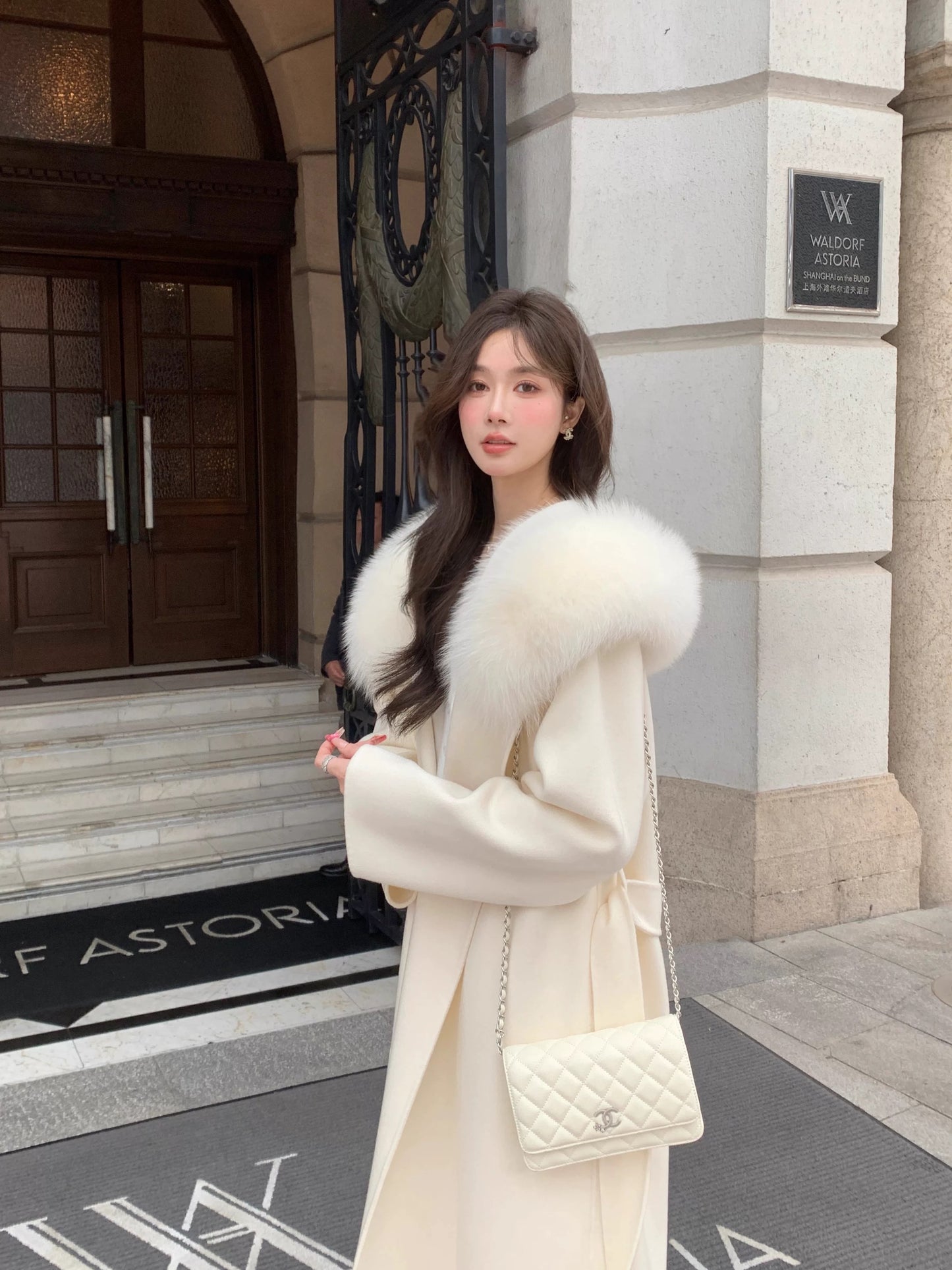 Kelly Designs 100% Wool Long Coat with Fox Fur Collar – Ivory (Instock)