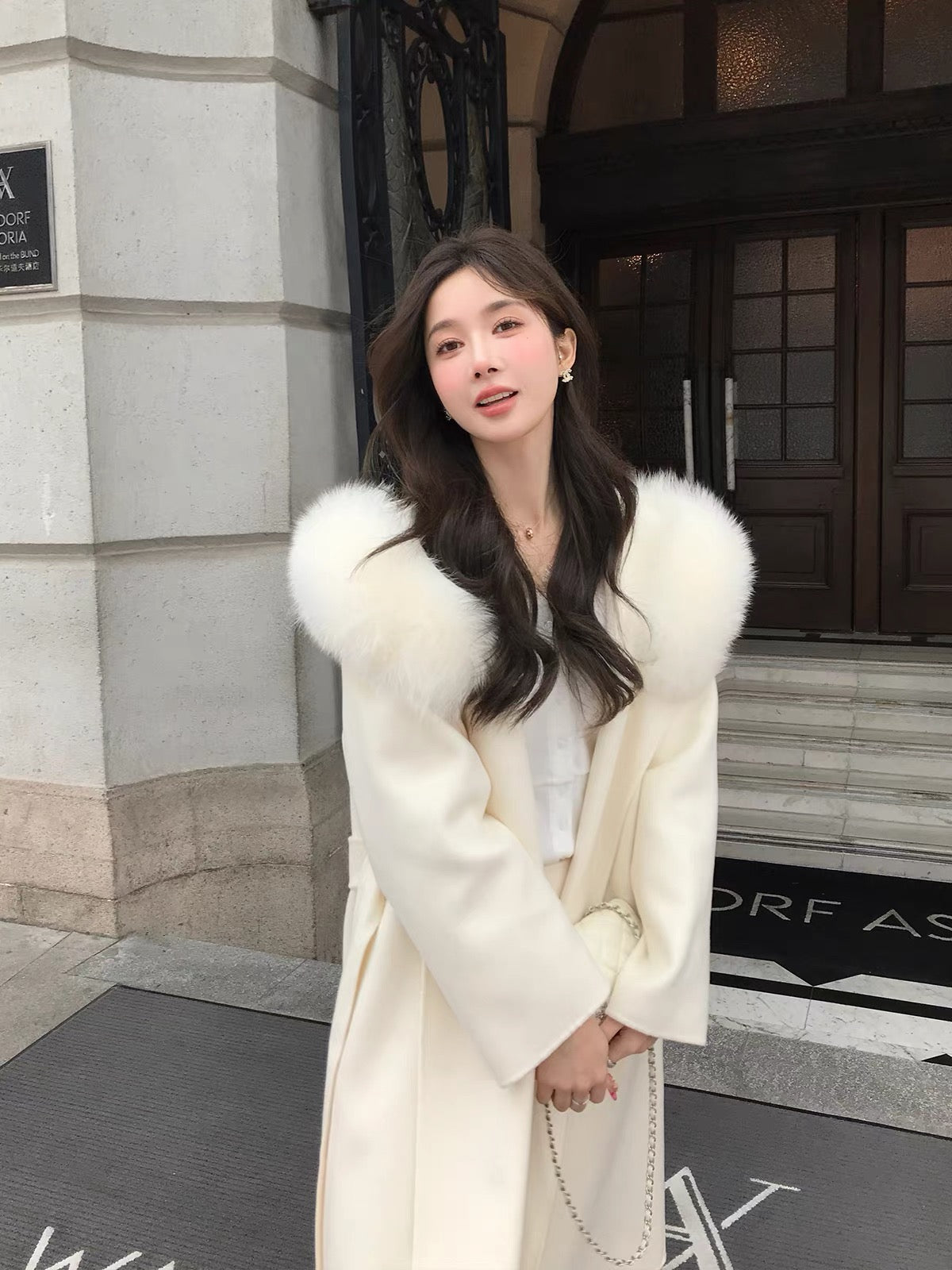 Kelly Designs 100% Wool Long Coat with Fox Fur Collar – Ivory (Instock)