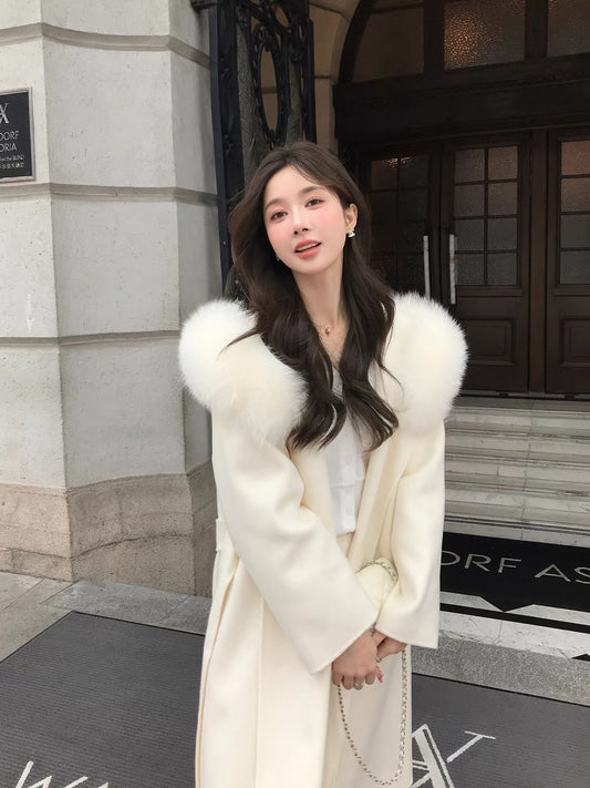 Kelly Designs 100% Wool Long Coat with Fox Fur Collar – Ivory (Instock)