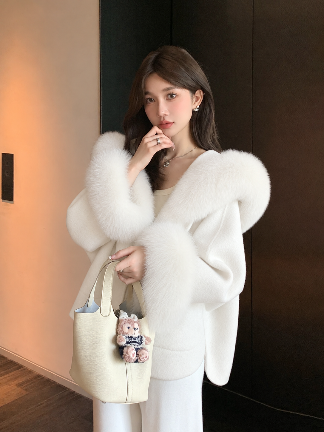 Kelly Designs Double-Faced Wool Coat with Fox Fur Collar & Cuffs- White (Instock)