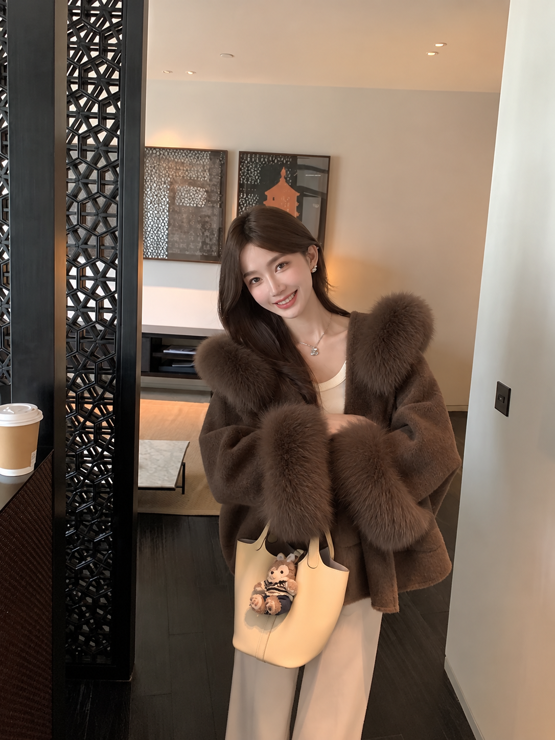 Kelly Designs Double-Faced Wool Coat with Fox Fur Collar & Cuffs- Brown (Instock)