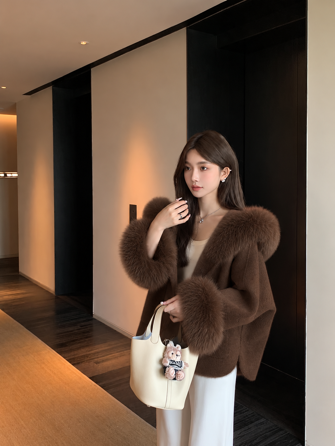 Kelly Designs Double-Faced Wool Coat with Fox Fur Collar & Cuffs- Brown (Instock)