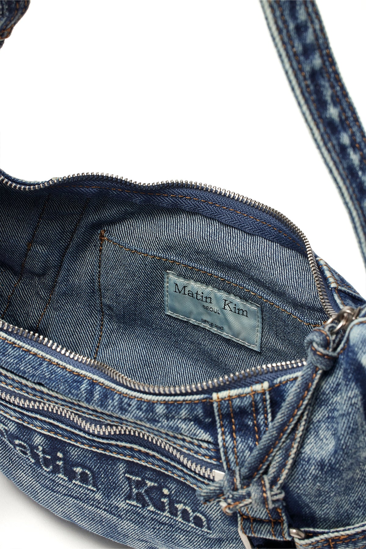 Matin Kim MATIN WASHED DENIM MINI HOBO BAG IN BLUE (Preorder)