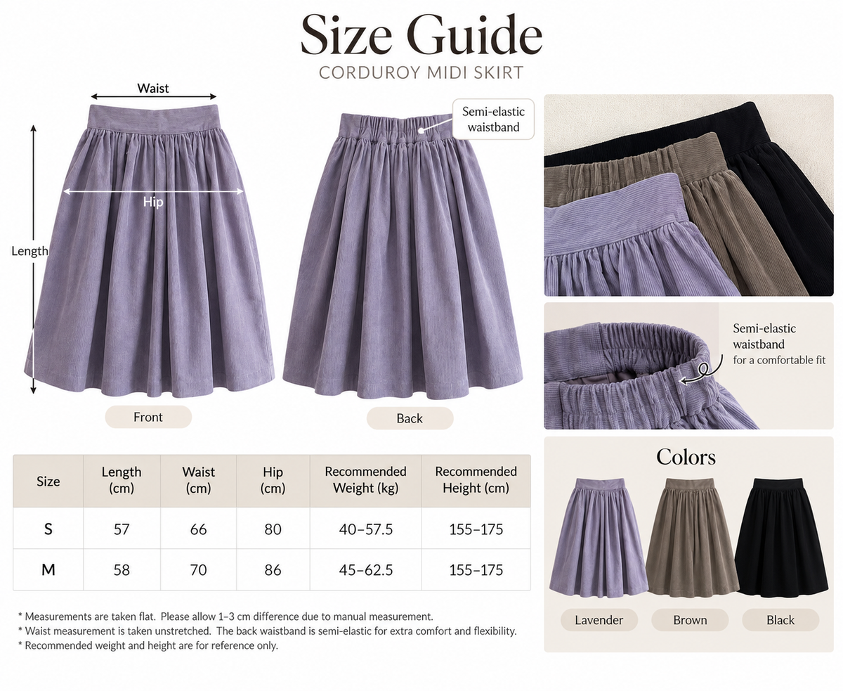Kelly Designs Corduroy Semi-Elastic Midi Skirt (Instock)