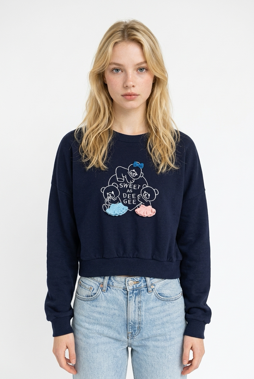 Korean Handmade Bear Appliqué Sweatshirt (Instock)