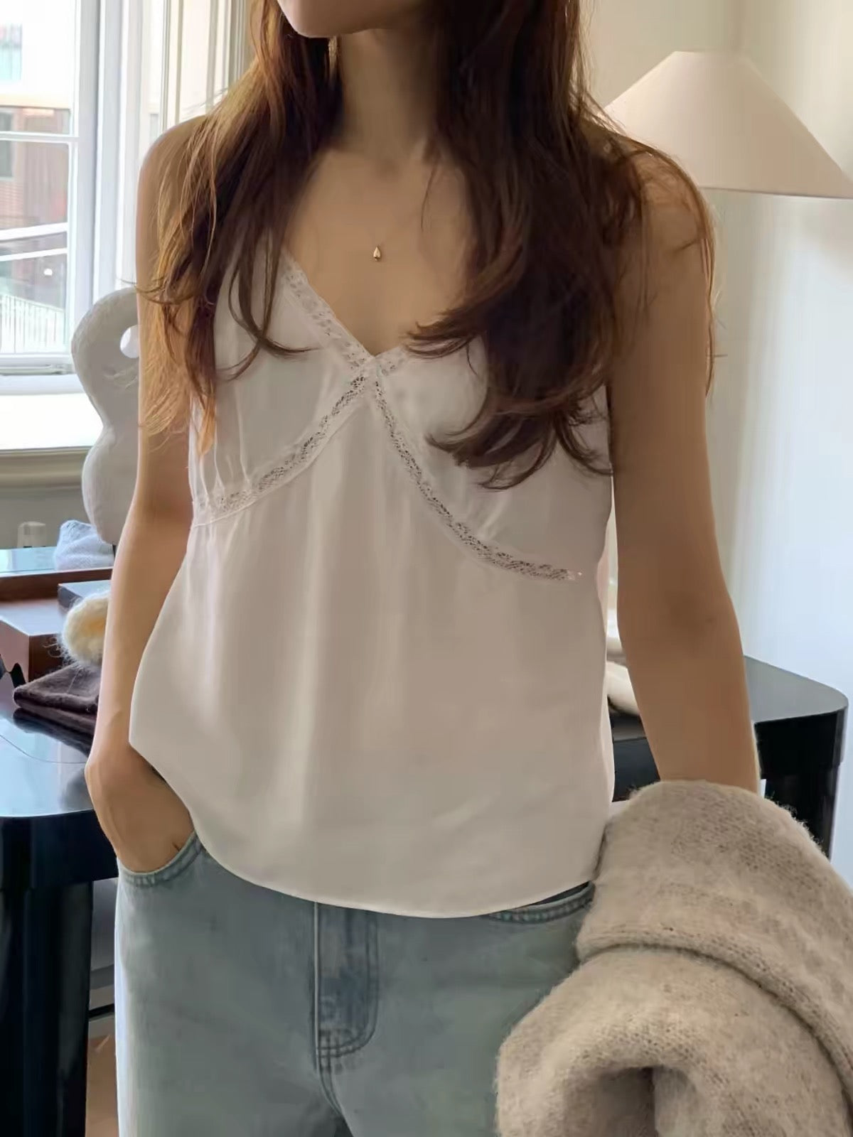 Korean APM Collection Ounce Lace Trim V-Neck Modal Camisole Top (Instock)