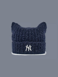 MLB NY Logo Fluffy Cat Ear Beanie – Navy Blue (Instock)