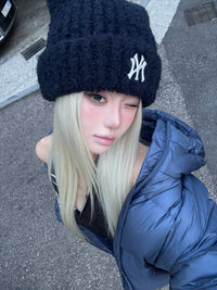 MLB NY Logo Fluffy Cat Ear Beanie – Navy Blue (Instock)