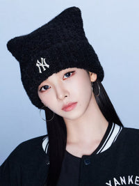 MLB NY Logo Fluffy Cat Ear Beanie – Black (Instock)